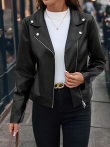 SHEIN Clasi Winter Clothes For Women  Women's Versatile Jacket, Black PU Leather Jacket, Classic PU Autumn/Winter Short Jacket Black Coat Winter Clothes Women's Winter Jacket Autumn Clothes For Women Black Leather Jacket Cropped Jackets Black Crop Jacket Women Jackets Black Jacket Women Black Tops  Black Motorcycle Jacket Black Warm Leather Jacket Autumn  Clothes For Women Chic Women's Jacket  Clothes With Lining - Black - View 9