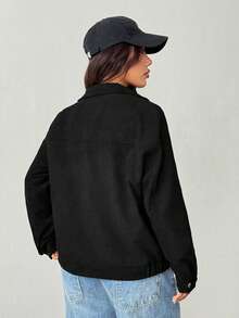 SHEIN EZwear Women's Casual Retro Front Zipper Corduroy Fabric Loose Jacket, Suitable For Autumn/Winter, Old School