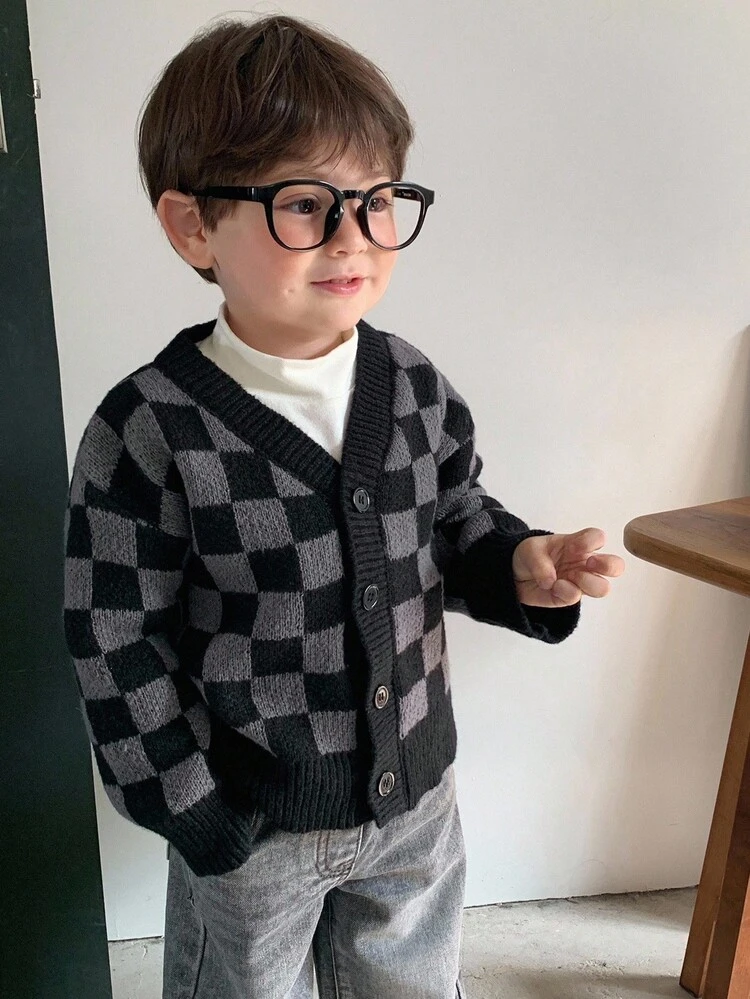 Toddler Boys' Checkered Color Block Casual Cardigan, Korean Style Street Wear, Spring/Autumn
