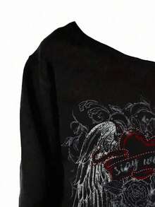 SHEIN EZwear 休闲简约翼心斜肩长袖宽松T恤女款，适合春秋季 - 黑色 - 查看 7
