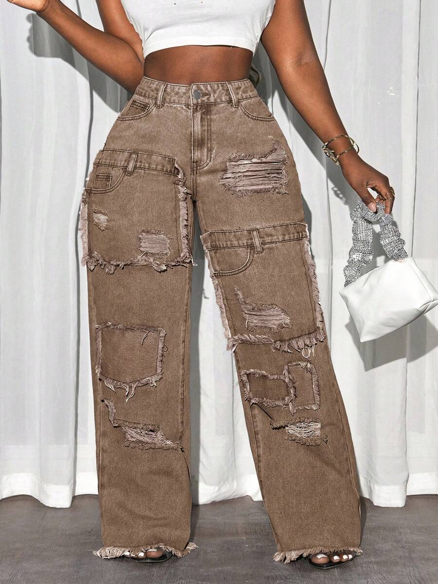 Plus Size Casual Washed Distressed Frayed Hem Jeans - Coffee Brown - View 1