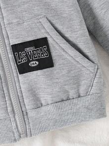 SHEIN Infant Boys' Simple Gray Fleece Hooded Sweatshirt Jacket, Autumn/Winter