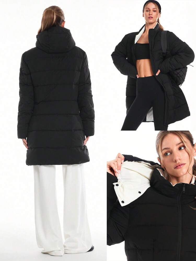 Chic In Warmth Blizzard Flex Matte Soft Cozy Insulating Zipper Snap Button Closure Pockets Detachable Hood Hip-To-Mid-Knee Length Puffer Jacket Autumn Winter Outdoors Daily Casual Wear