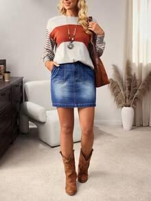 SHEIN LUNE Women's High Waist Pocketed Casual Denim Pencil Skirt - Blue - View 6