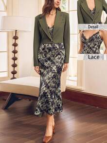 SHEIN Clasi Conjunto de 2 piezas de chaqueta corta de blazer con vestido de volantes florales, elegante y lujoso, adecuado para otoño/invierno, Halloween, Acción de Gracias, fiestas de Año Nuevo - Verde - Ver 1