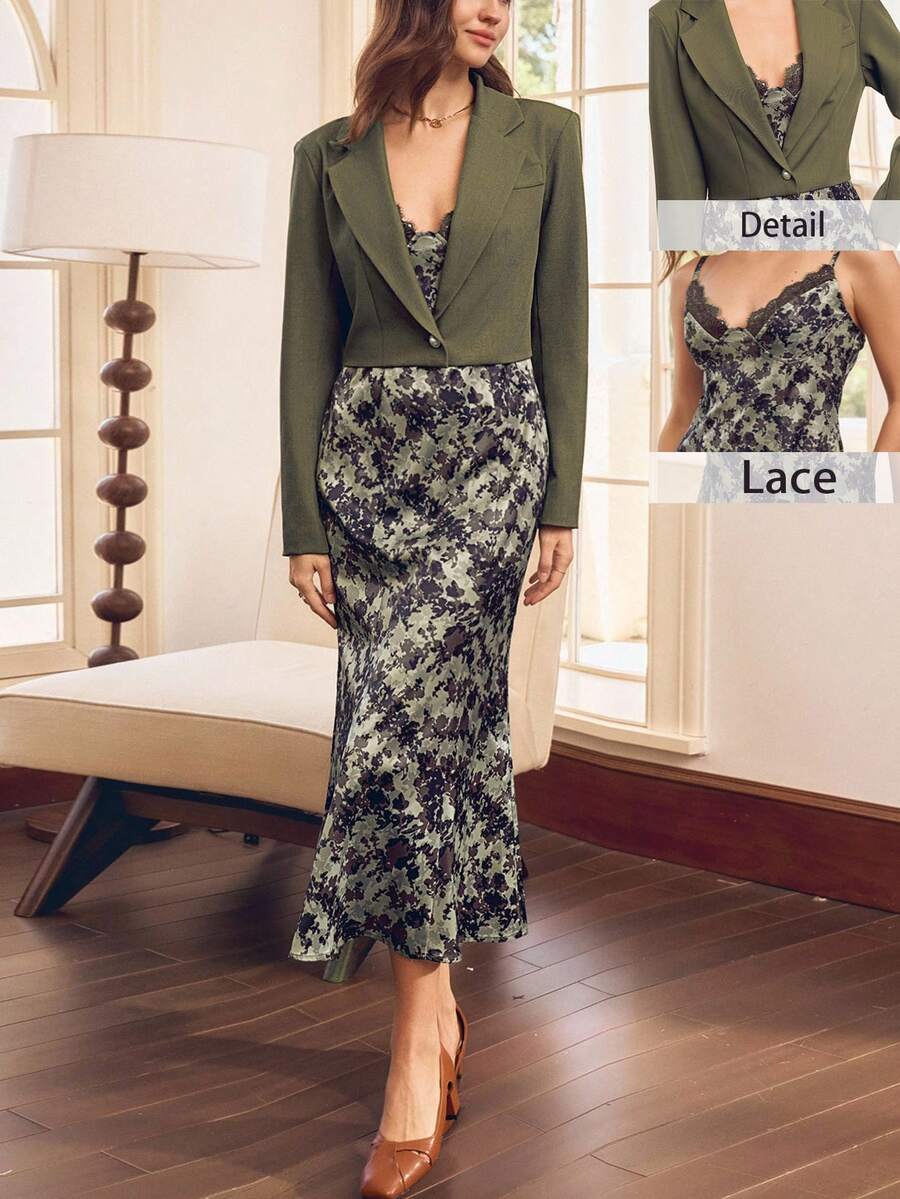 SHEIN Clasi Conjunto de 2 piezas de chaqueta corta de blazer con vestido de volantes florales, elegante y lujoso, adecuado para otoño/invierno, Halloween, Acción de Gracias, fiestas de Año Nuevo - Verde - Ver 1