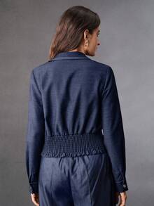 Anewsta 复古优雅办公室/通勤扭结短领长袖牛仔效果衬衫 - 藏蓝色 - 查看 2