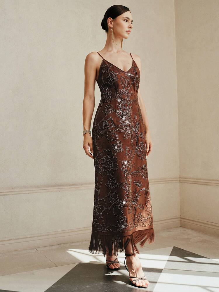 Women's Elegant Luxury Party Evening Fashion Vintage Suede Floral Sequin Embroidery Decor V-Neck Spaghetti Strap Tassel Hem Fitted Mid-Length Dress