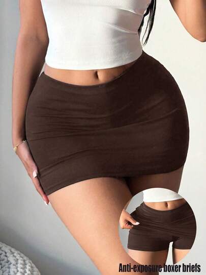 SHEIN SXY Plus Size Women's Solid Color Basic Coffee Brown Sexy Casual Mini Bodycon Skirt (With Leggings Included) Brown Skirt Skirts For Women Mini Skirt Tight Skirt