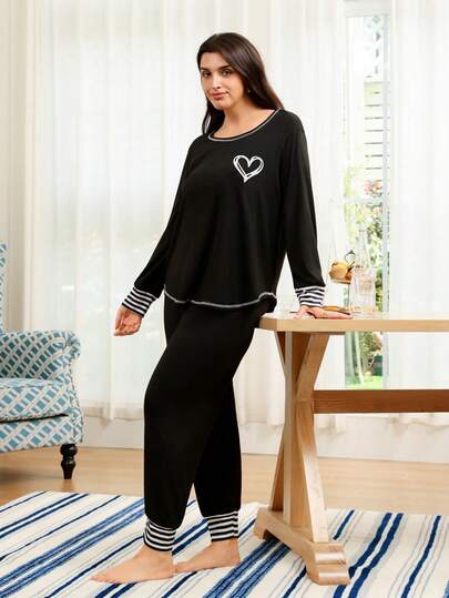 SHEIN Doze Lane Conjunto de pijama casual de talla grande con estampado de corazones y rayas, ropa de otoño e invierno