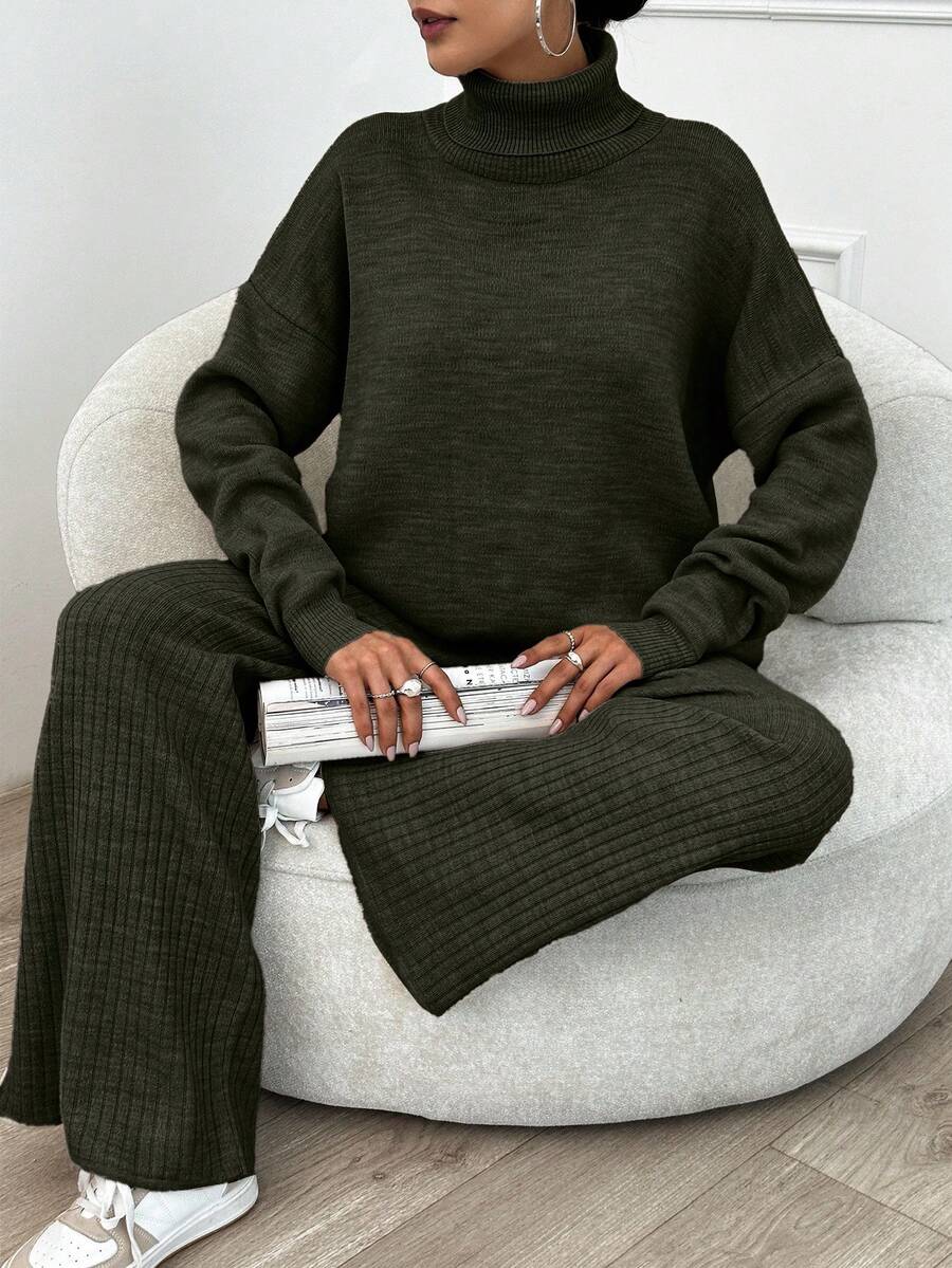 SHEIN Tall 2pcs High Neck Drop Shoulder Sweater And Ribbed Solid Color Sweater Pants - Army Green - View 1
