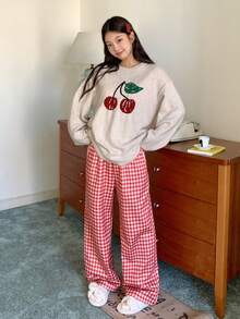 DAZY Women's Cherry Pattern Knitted Top And Plaid Pajama Pants Sleepwear Set, Winter Fall Clothes