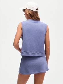 Gameset SHEIN Sport Musera 两件套保暖内衬牛仔色健身套装，运动套装，无袖背心和迷你裙套装，不可拆卸内衬紧身裤短裤，秋/春/冬室内运动（瑜伽/健身） - 藍色 - 查看 6