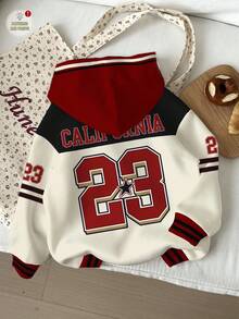 SHEIN Happikins 女婴休闲复古字母数字徽章图案宽松圆领舒适针织长袖卫衣，适合秋冬季宝宝运动服韩版外套卫衣棒球服婴儿服装婴幼儿街头服饰 - 彩色 - 查看 2