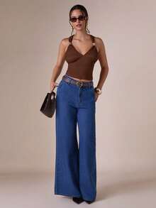 COSMINA Camiseta de mujer con hebilla metálica elegante de cuello en V, versátil para ir al trabajo y uso diario, para todas las estaciones