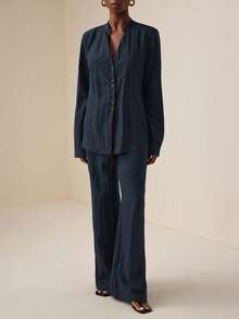 Vesra 休闲装 - V领收腰上衣和阔腿裤 - 藏蓝色 - 查看 1