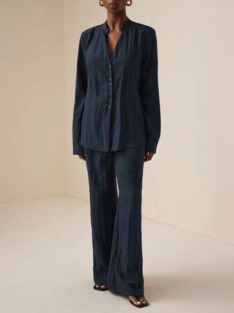 Vesra Casual Outfit - V-Neck Cinched Waist Blouse And Wide Leg Pants Blouse And Pants Set