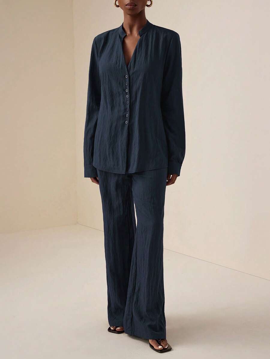 Vesra 休闲装 - V领收腰上衣和阔腿裤 - 藏蓝色 - 查看 1