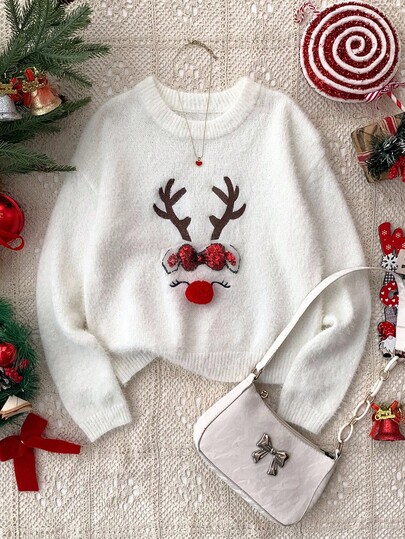 SHEIN Christmas New Tween Girls White Cute Knit Casual Everyday Sweater Autumn Winter Clothes For Girl
