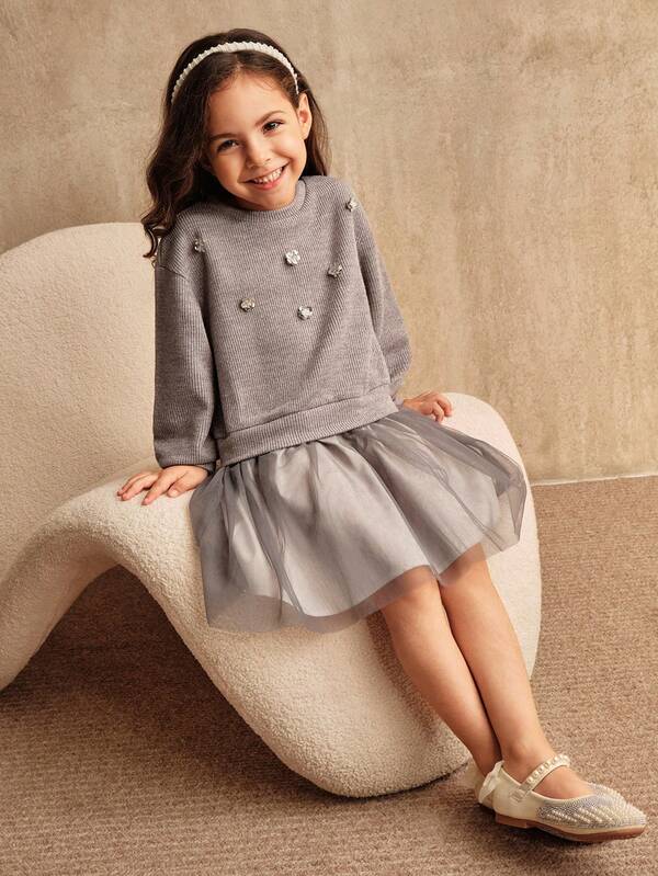 SHEIN 女童灰色修身家庭装，花卉亮片网眼拼接，圆领长袖设计，秋冬