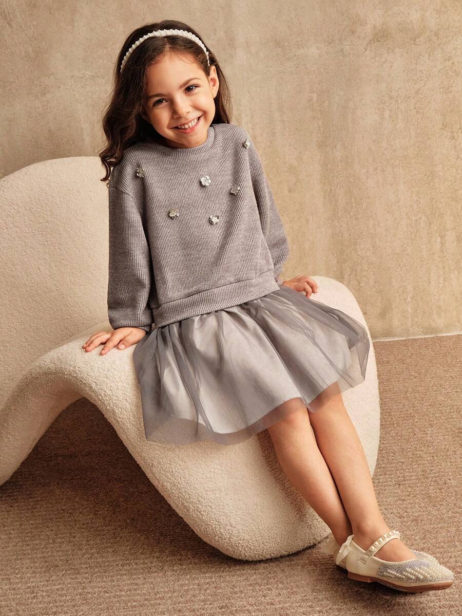 SHEIN Váy gia đình ôm vừa vặn màu xám cho bé gái, họa tiết lưới sequin hoa, thiết kế cổ tròn tay dài, mùa thu/đông - Xám - Xem 1