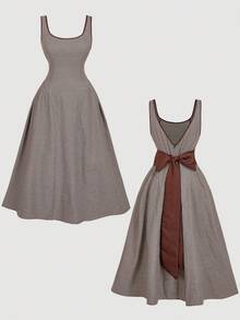 SHEIN MOD Vestido midi de talla grande con diseño de lazo y cuello en V, estampado de cuadros marrones vintage, estilo "Old Money", estética preppy, inspirado en los 70, dulce y lindo, perfecto para la escuela, ir al trabajo, fiestas y citas - Marrón - Ver 5