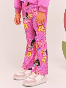 DORA | SHEIN Young Girl Cute Casual Cartoon & Floral Print Knit Pink Flared Leggings - Pink - View 5
