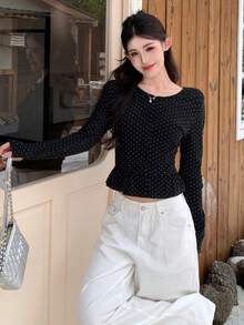 DAZY 女式圆点印花休闲长袖单排扣T恤 - 黑色 - 查看 5
