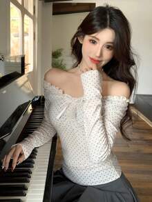 DAZY 女式韩版波点优雅无袖蝴蝶结衬衫 - 白色 - 查看 4