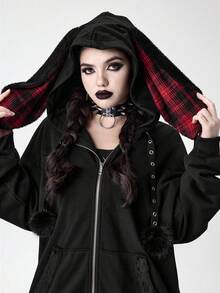 ROMWE Grunge Punk 秋季女装亚文化格子拼接金属环人造毛皮拼接宽松长袖拉链卫衣 - 黑色 - 查看 2