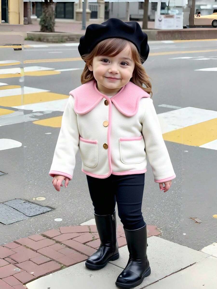 SHEIN 女婴/幼儿外套，粉色领子和口袋设计，经典复古风格，适合秋冬季穿着 - 杏色 - 查看 1