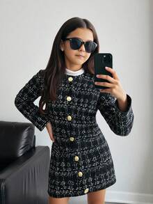 Tween Girl Urban Chic 长袖夹克、高领 T 恤和迷你裙套装 - 黑色 - 查看 5