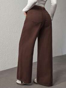 SHEIN PETITE Jeans casuales y versátiles de pierna ancha y bolsillos para mujer - Marrón - Ver 2
