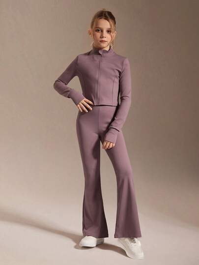 2pcs Set: Regular Zip-Up Hoodie + Regular Flare Pants, Purple/Pink + Sports Zip-Up Hoodie + Sports Pants, Fitness/Yoga