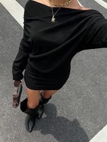 Muchica Women's New Autumn Fleece Black Asymmetric Neck Long Sleeve Bodycon Mini Dress - Black - View 4