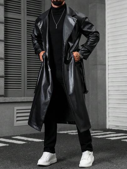 Manfinity CasualCool 男士纯色翻领长袖PU皮长款休闲外套