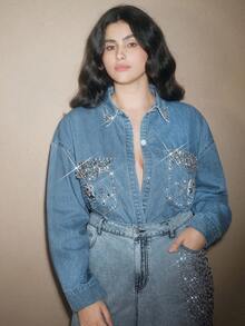 Anewsta Áo khoác denim xanh thường ngày đính kim cương thủ công Y2K Fashion dành cho nữ - Màu xanh lam - Xem 6