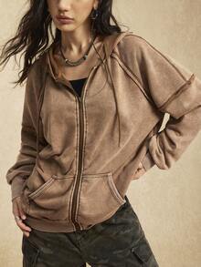 Easelle Brown Knit Casual Hooded Jacket For Women Western Retro Casual Style Washed Water Frayed Cut Winter Clothes For Women Autumn Zip Up Hoodie - Coffee Brown - View 2