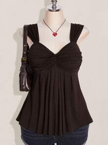 SHEIN ICON 大码女式黑色扭纹前部无袖娃娃装针织上衣，Y2K 风格，适合毕业/返校季，夏季可爱上衣 - 棕色 - 查看 1