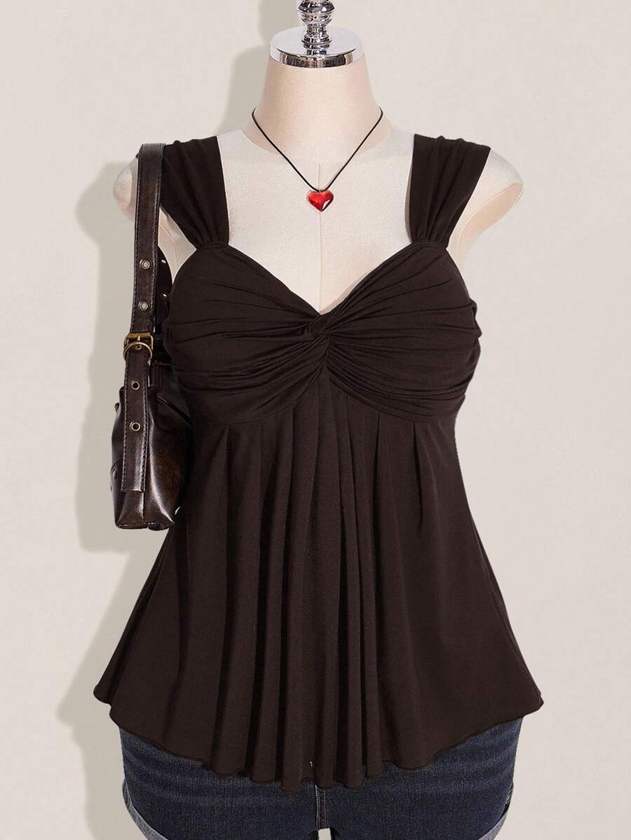 SHEIN ICON 大码女式黑色扭纹前部无袖娃娃装针织上衣，Y2K 风格，适合毕业/返校季，夏季可爱上衣 - 棕色 - 查看 1