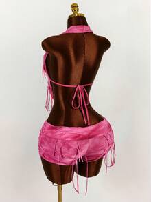 Amplova 深垂领露背短款上衣和破洞迷你短裤两件套 - 玫紅色 - 查看 10