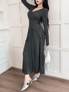 Feyla 女式休闲罗纹腰带连衣裙 - 深灰色 - 查看 4