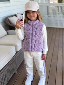 3pcs/Set Toddler Girls Winter Outfit,Heart Embroidery Ribbed Sweatshirt,Furry Trim Sweatpants,Zip-Up Plush Vest,School,Back-To-School,Winter Clothes - Multicolor - View 3