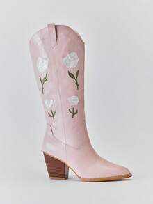 Solezae Women's Glamorous Point Toe Block Heel Embroidery Mid-Calf Cowgirl Boots For Christmas - Pink - View 2