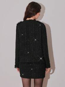 Modelyn Women's Elegant 2 Pieces Set: Long Sleeve Shiny Jacket With Fringe Trim And A-Line Skirt, Autumn/Winter - Black - View 2