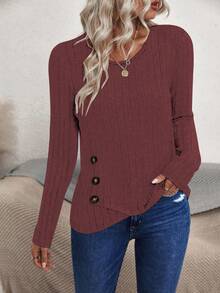 EMERY ROSE Áo thun nữ cổ tròn tay dài màu trơn thiết kế nút bấm thông thường - Bụi tím - Xem 3