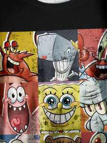 SpongeBob SquarePants | SHEIN Plus Size Women Summer Casual Commuting Fashion Street Cute Cartoon Patchwork Print Loose Black T-Shirt - White - View 3