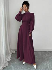 Elenzga Váy midi cổ cao tối giản thanh lịch dành cho nữ, phù hợp mặc đi làm, đi nghỉ, đi biển, tiệc trà chiều, tiệc tùng, phong cách cổ điển, giáo viên, màu trơn, màu tương phản, trang trí ngọc trai, thắt eo bên hông, tay áo loe hình lồng đèn, dáng chữ A, xuân/thu/đông - Màu Tím - Xem 3