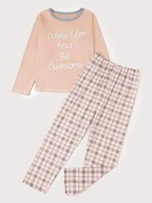 Set de 2 piezas de pantalones a cuadros y blusa de manga larga con estampado de letras en inglés, conjunto informal de ropa de casa para niñas preadolescentes - Rosa vieja - Ver 3
