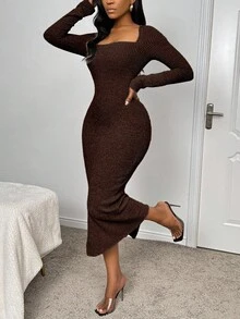 SHEIN Glamour 女式纯色方领开衩至大腿修身长袖连衣裙女式长裙 - 咖啡棕 - 查看 3